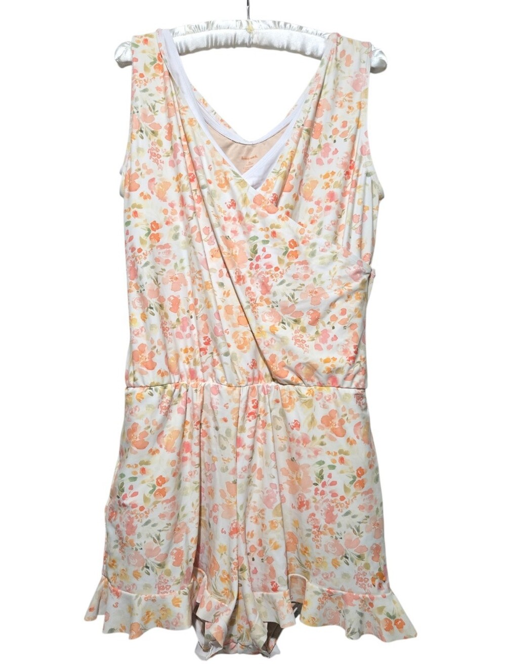 Honey Mark Peach Floral Crossover Swim Romper Size XL Modest One Piece
